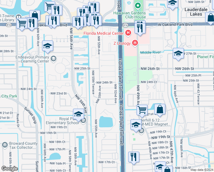 map of restaurants, bars, coffee shops, grocery stores, and more near 5323 Northwest 23rd Street in Lauderhill