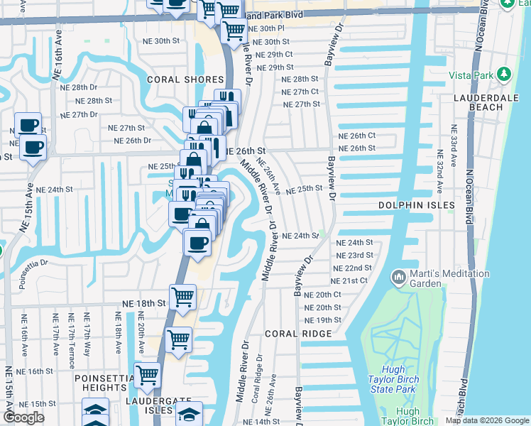 map of restaurants, bars, coffee shops, grocery stores, and more near 2441 Middle River Drive in Fort Lauderdale
