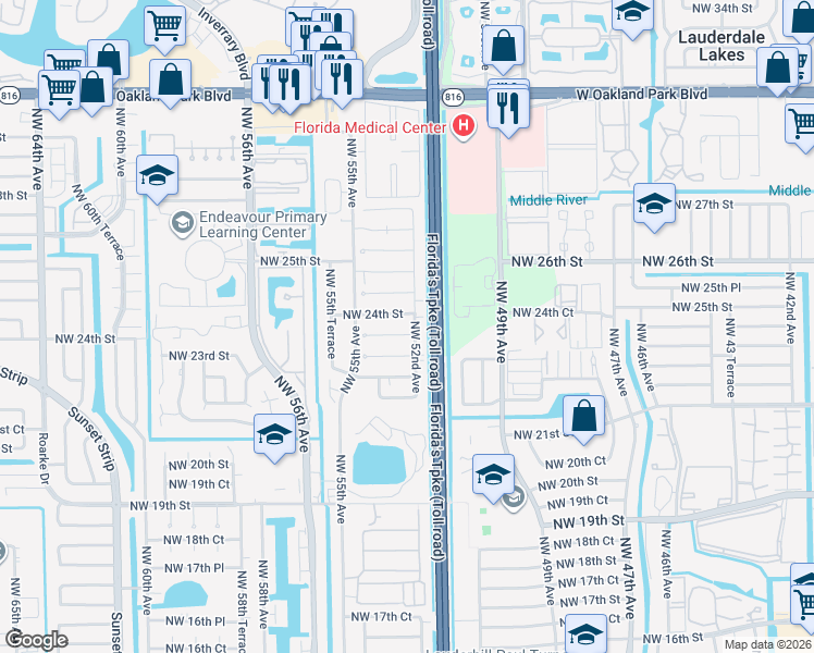map of restaurants, bars, coffee shops, grocery stores, and more near 5307 Northwest 24th Street in Lauderhill