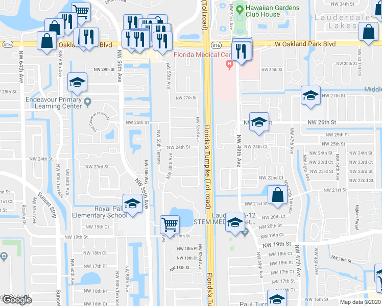map of restaurants, bars, coffee shops, grocery stores, and more near 5307 Northwest 24th Street in Lauderhill