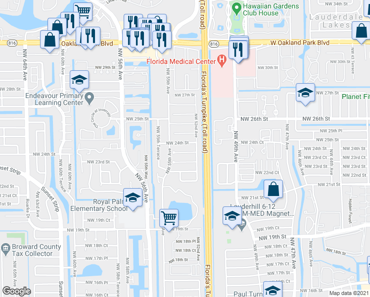 map of restaurants, bars, coffee shops, grocery stores, and more near 5307 Northwest 24th Street in Lauderhill