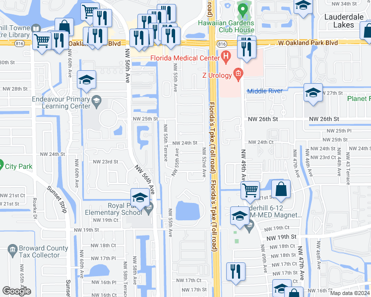map of restaurants, bars, coffee shops, grocery stores, and more near 5307 Northwest 24th Street in Lauderhill