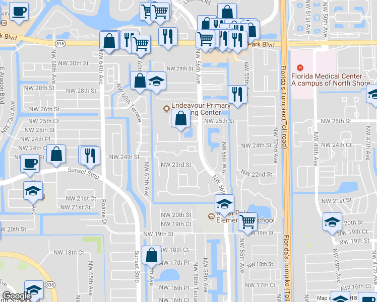 map of restaurants, bars, coffee shops, grocery stores, and more near 5623 Blueberry Court in Lauderhill