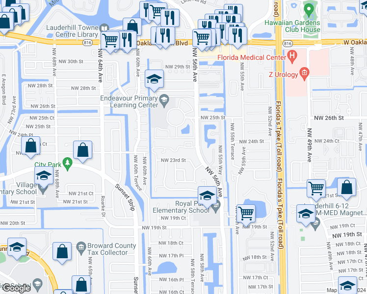 map of restaurants, bars, coffee shops, grocery stores, and more near 5623 Blueberry Court in Lauderhill