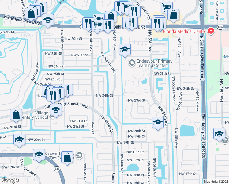 map of restaurants, bars, coffee shops, grocery stores, and more near 5978 Northwest 24th Court in Sunrise
