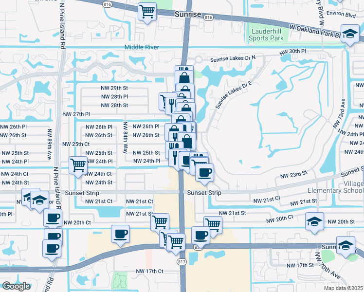 map of restaurants, bars, coffee shops, grocery stores, and more near in Sunrise