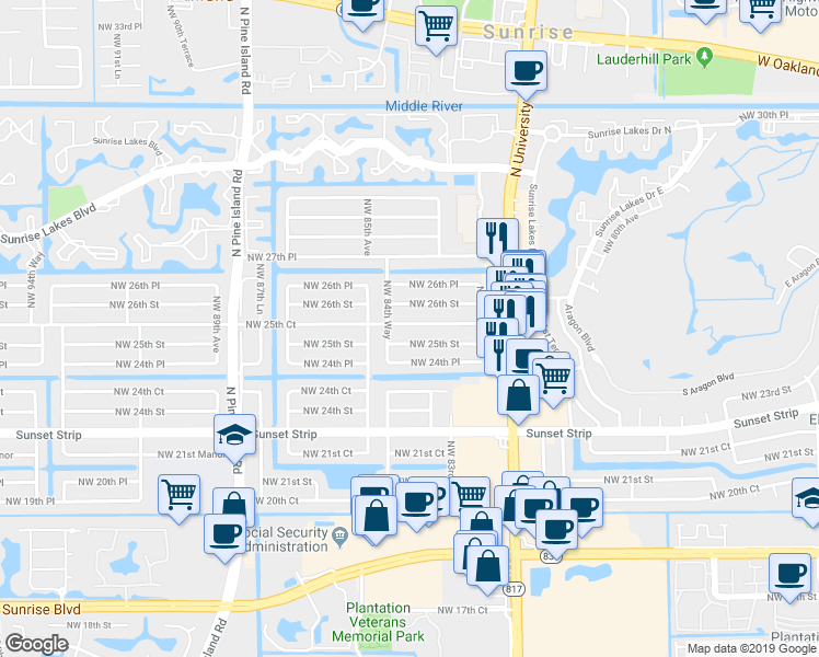 map of restaurants, bars, coffee shops, grocery stores, and more near 8397 Northwest 25th Court in Sunrise