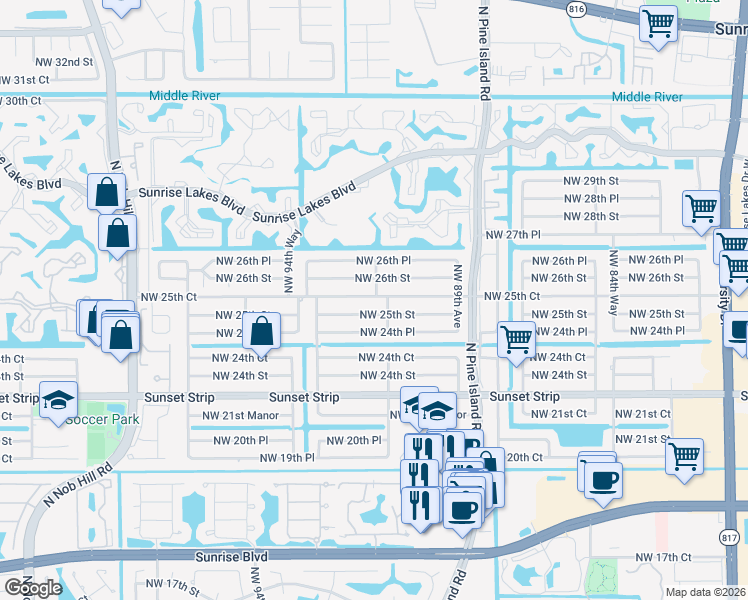 map of restaurants, bars, coffee shops, grocery stores, and more near 9191 Northwest 25th Court in Sunrise