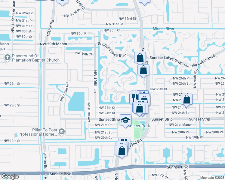 map of restaurants, bars, coffee shops, grocery stores, and more near 10369 Northwest 24th Place in Sunrise