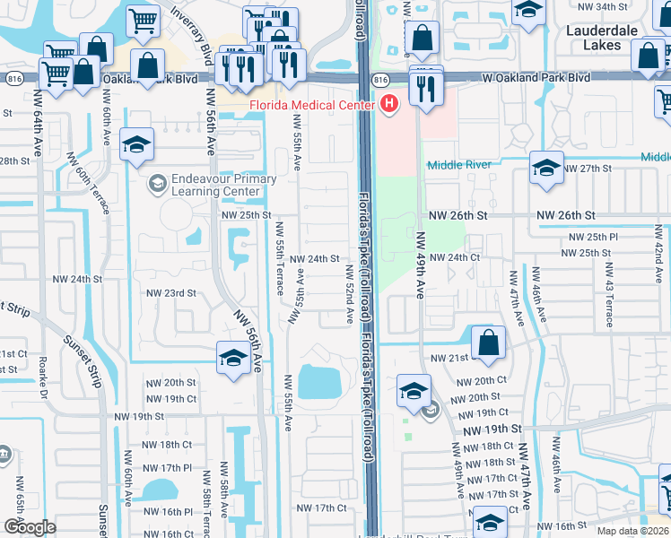 map of restaurants, bars, coffee shops, grocery stores, and more near 5307 Northwest 24th Street in Lauderhill