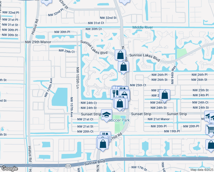 map of restaurants, bars, coffee shops, grocery stores, and more near 10217 Northwest 24th Place in Sunrise