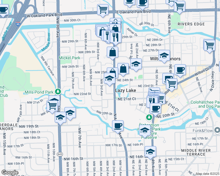 map of restaurants, bars, coffee shops, grocery stores, and more near 2225 North Andrews Avenue in Wilton Manors