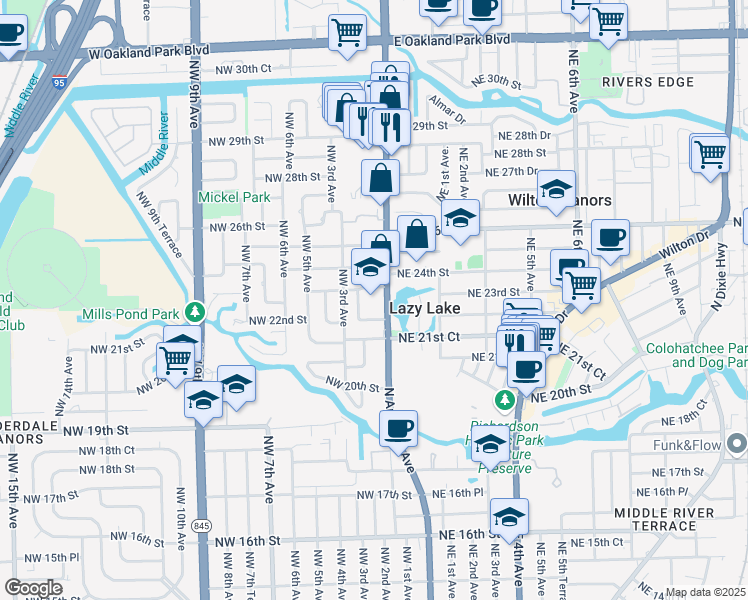 map of restaurants, bars, coffee shops, grocery stores, and more near 2225 North Andrews Avenue in Wilton Manors