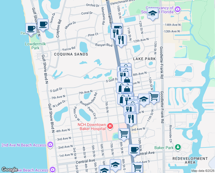 map of restaurants, bars, coffee shops, grocery stores, and more near 722 South Golf Drive in Naples