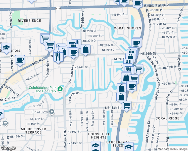 map of restaurants, bars, coffee shops, grocery stores, and more near 2301 Northeast 17th Terrace in Wilton Manors