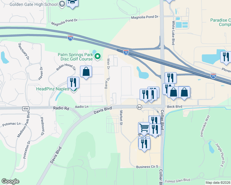 map of restaurants, bars, coffee shops, grocery stores, and more near 127 Saddlebrook Circle in Naples