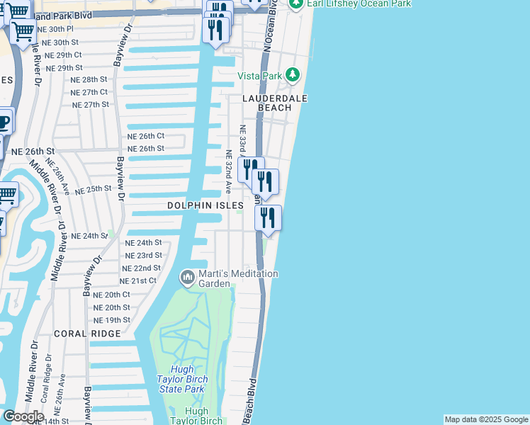 map of restaurants, bars, coffee shops, grocery stores, and more near 2221 North Ocean Boulevard in Fort Lauderdale