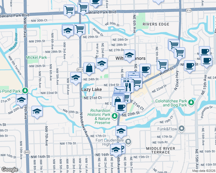 map of restaurants, bars, coffee shops, grocery stores, and more near 234 Northeast 23rd Street in Wilton Manors