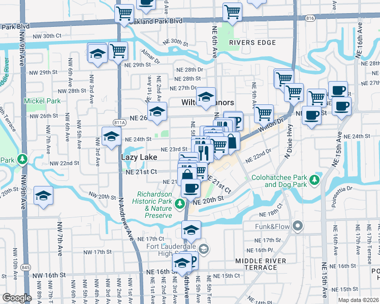 map of restaurants, bars, coffee shops, grocery stores, and more near 421 Northeast 23rd Street in Wilton Manors