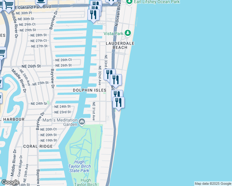 map of restaurants, bars, coffee shops, grocery stores, and more near 2201 North Ocean Boulevard in Fort Lauderdale