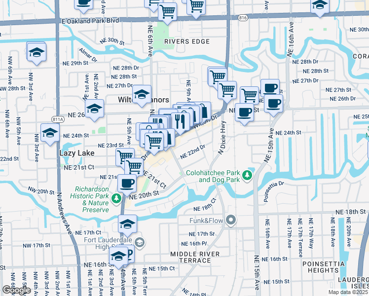 map of restaurants, bars, coffee shops, grocery stores, and more near 2301 Wilton Drive in Wilton Manors