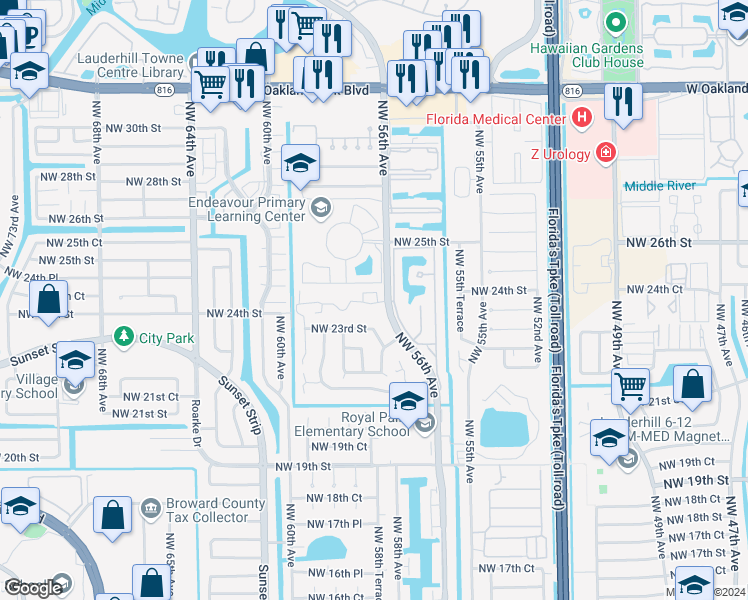map of restaurants, bars, coffee shops, grocery stores, and more near 5623 Blueberry Court in Lauderhill