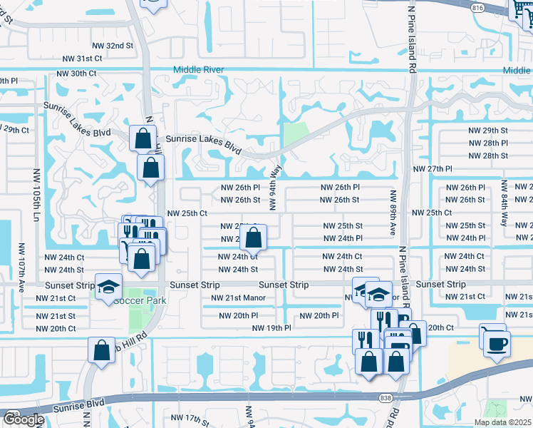 map of restaurants, bars, coffee shops, grocery stores, and more near 9571 Northwest 25th Court in Sunrise