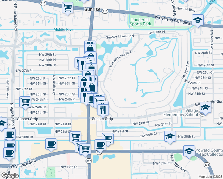 map of restaurants, bars, coffee shops, grocery stores, and more near 2551 Aragon Boulevard in Sunrise