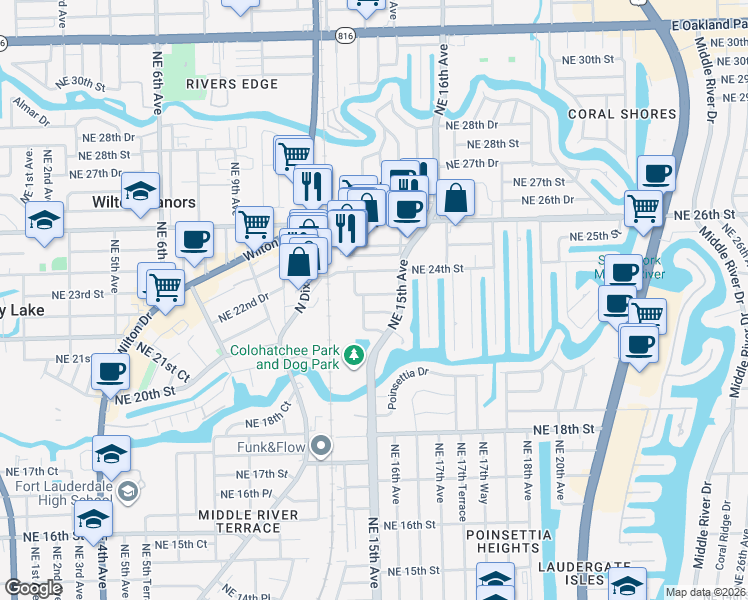 map of restaurants, bars, coffee shops, grocery stores, and more near 1459 Northeast 23rd Street in Wilton Manors