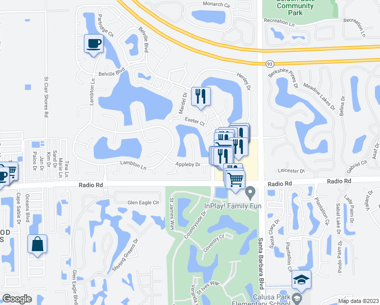 map of restaurants, bars, coffee shops, grocery stores, and more near 130 Brampton Lane in Naples