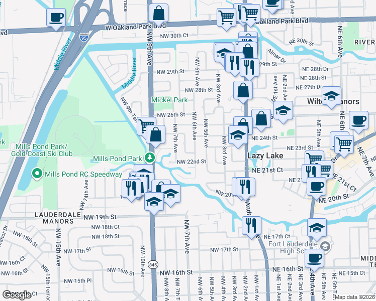 map of restaurants, bars, coffee shops, grocery stores, and more near 2224 Northwest 6th Terrace in Wilton Manors