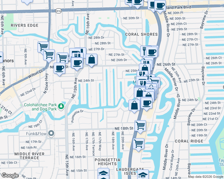 map of restaurants, bars, coffee shops, grocery stores, and more near in Wilton Manors