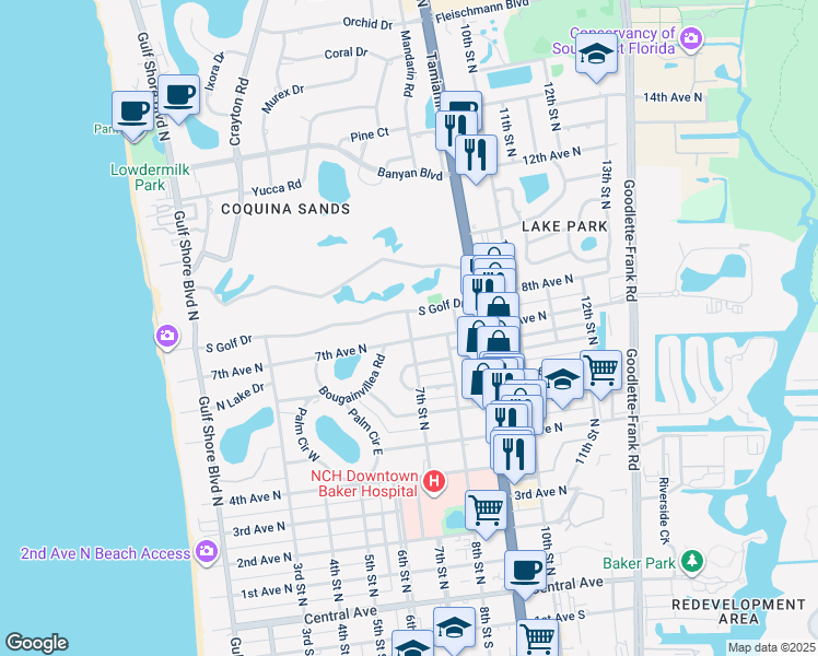 map of restaurants, bars, coffee shops, grocery stores, and more near 722 South Golf Drive in Naples