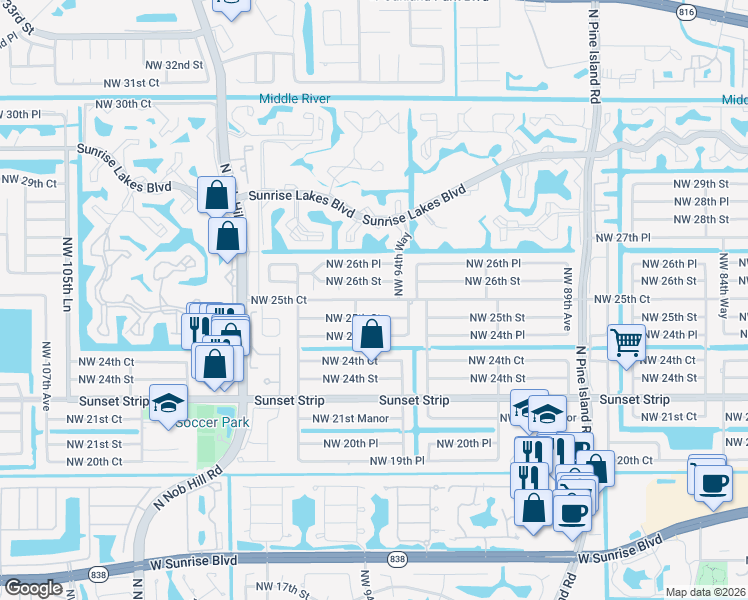 map of restaurants, bars, coffee shops, grocery stores, and more near 9571 Northwest 25th Court in Sunrise