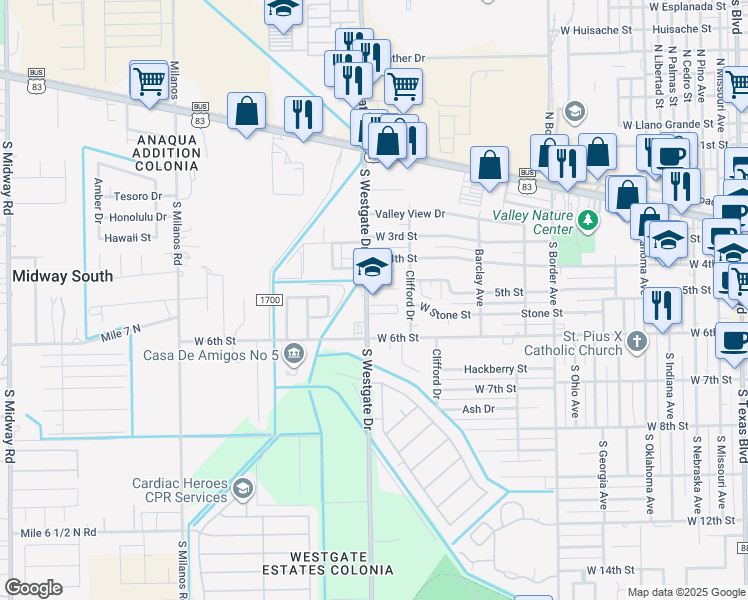 map of restaurants, bars, coffee shops, grocery stores, and more near 417 South Westgate Drive in Weslaco