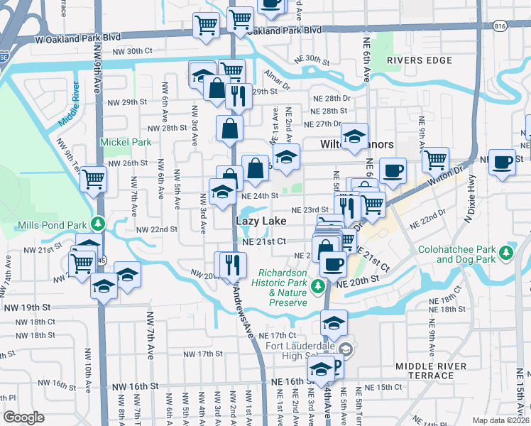 map of restaurants, bars, coffee shops, grocery stores, and more near 40 Northeast 24th Street in Lazy Lake