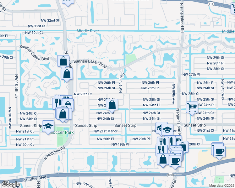 map of restaurants, bars, coffee shops, grocery stores, and more near 9571 Northwest 25th Court in Sunrise