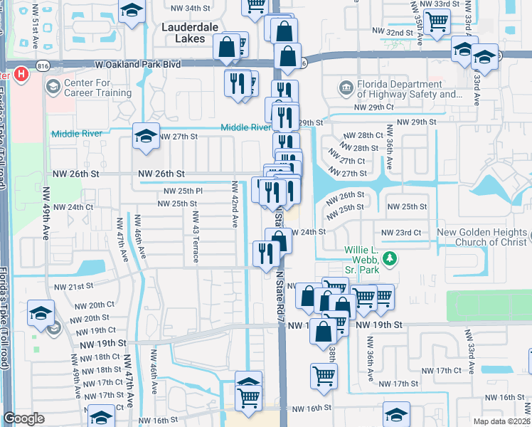 map of restaurants, bars, coffee shops, grocery stores, and more near 2467 North State Road 7 in Lauderhill