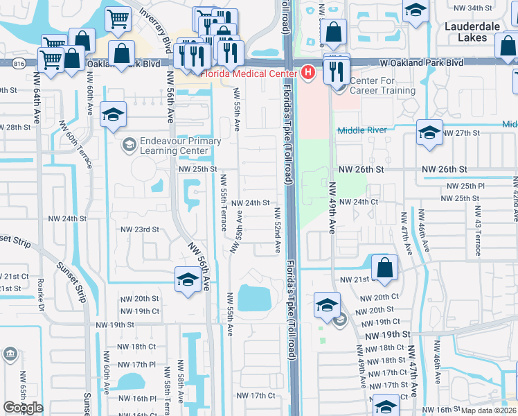 map of restaurants, bars, coffee shops, grocery stores, and more near 5307 Northwest 24th Street in Lauderhill