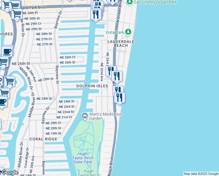 map of restaurants, bars, coffee shops, grocery stores, and more near 2221 North Ocean Boulevard in Fort Lauderdale