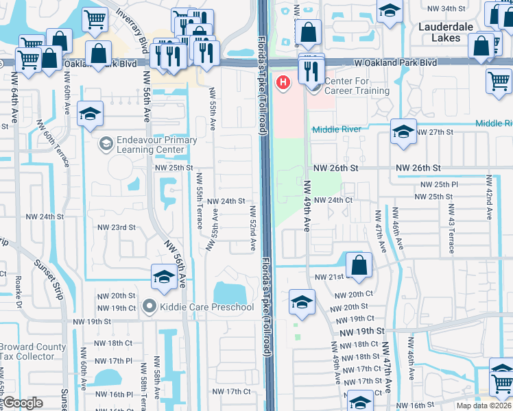 map of restaurants, bars, coffee shops, grocery stores, and more near 2332 Northwest 52nd Avenue in Lauderhill