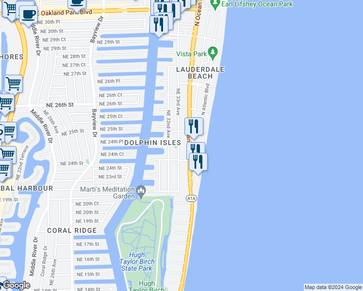map of restaurants, bars, coffee shops, grocery stores, and more near 2221 North Ocean Boulevard in Fort Lauderdale