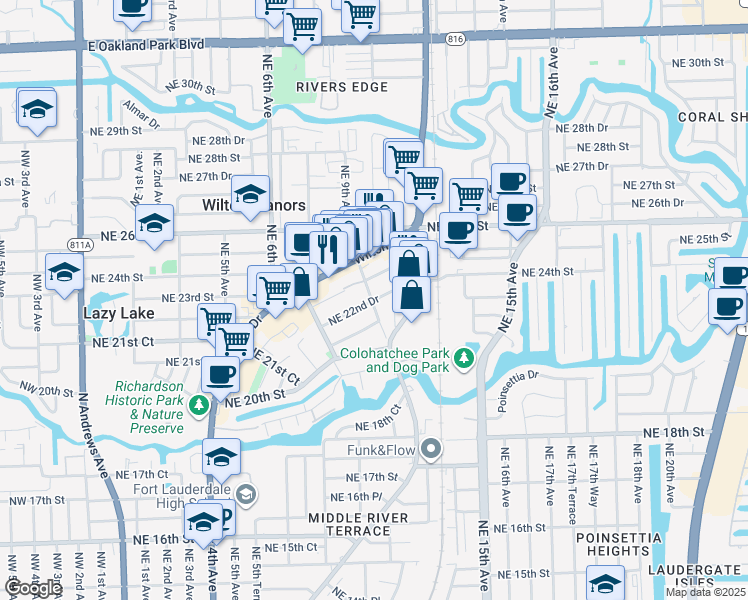 map of restaurants, bars, coffee shops, grocery stores, and more near 2291 Northeast 9th Avenue in Wilton Manors