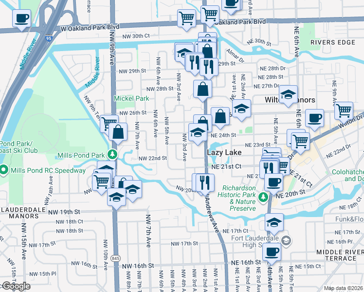 map of restaurants, bars, coffee shops, grocery stores, and more near 2300 Northwest 3rd Avenue in Wilton Manors