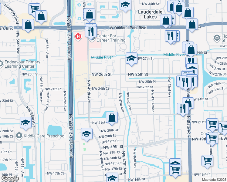 map of restaurants, bars, coffee shops, grocery stores, and more near 4780 Northwest 24th Court in Lauderdale Lakes