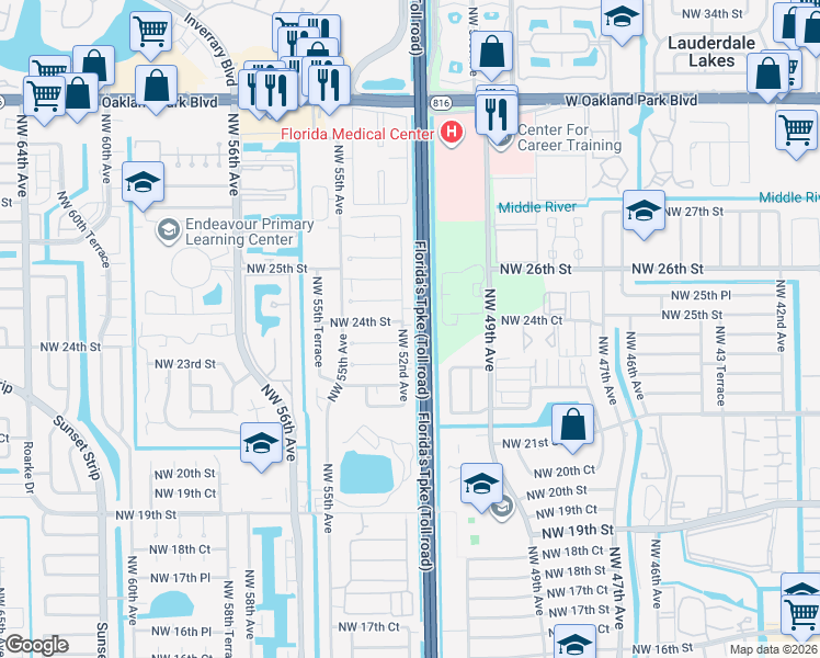 map of restaurants, bars, coffee shops, grocery stores, and more near 2332 Northwest 52nd Avenue in Lauderhill