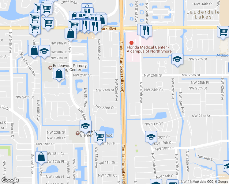 map of restaurants, bars, coffee shops, grocery stores, and more near 5307 Northwest 24th Street in Lauderhill
