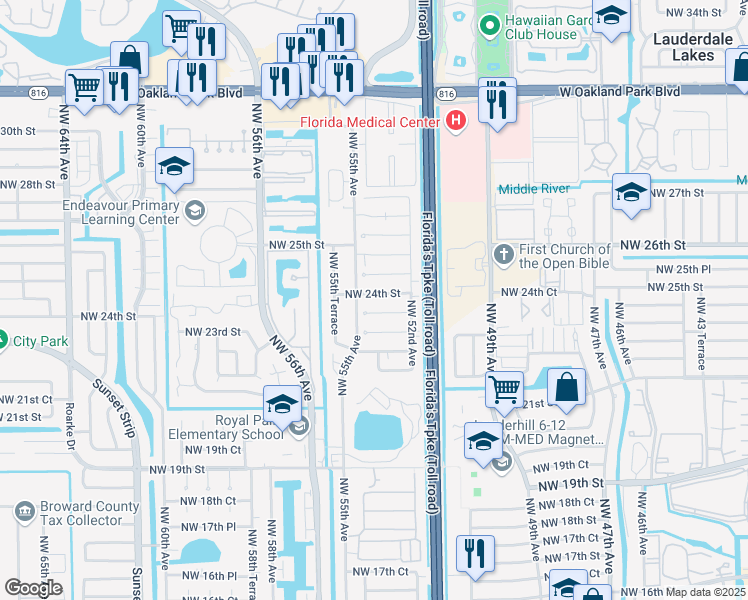 map of restaurants, bars, coffee shops, grocery stores, and more near 5307 Northwest 24th Street in Lauderhill