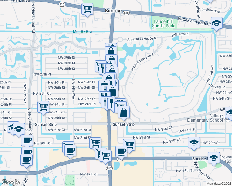 map of restaurants, bars, coffee shops, grocery stores, and more near 2560 Northwest 81st Drive in Sunrise