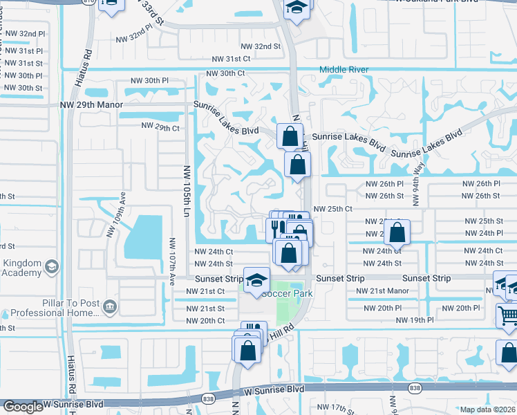 map of restaurants, bars, coffee shops, grocery stores, and more near 10217 Northwest 24th Place in Sunrise